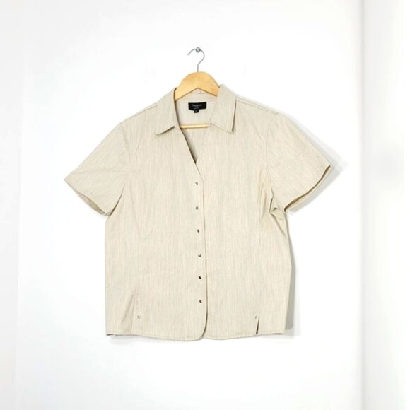 Haggar Cream Short Sleeve Collared Cropped Snap Down Cotton Blend Shirt Size 14P - Picture 1 of 9